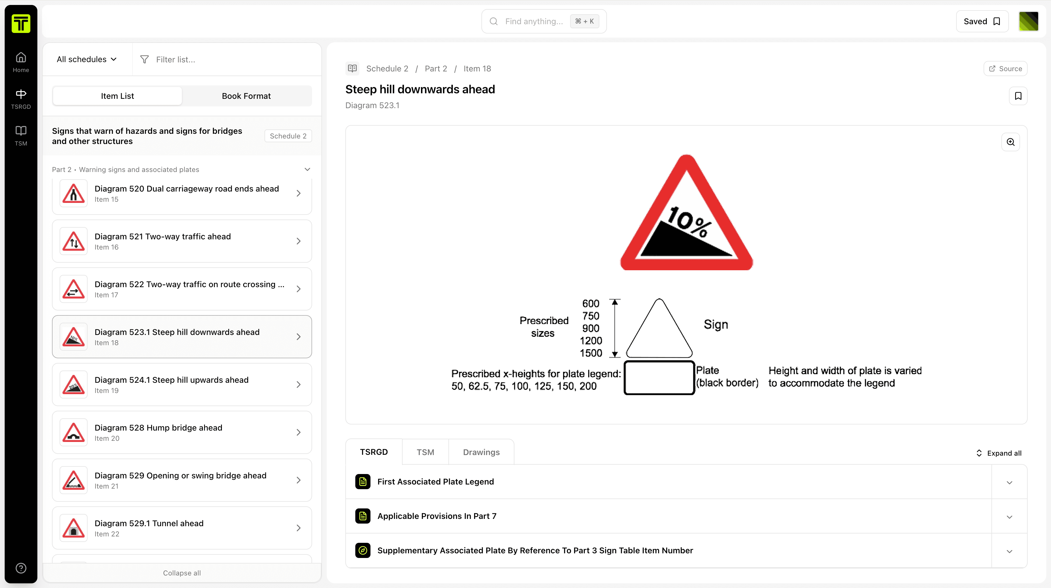 TSRGD web app showing sidebar navigation, item list, and diagram detail view.