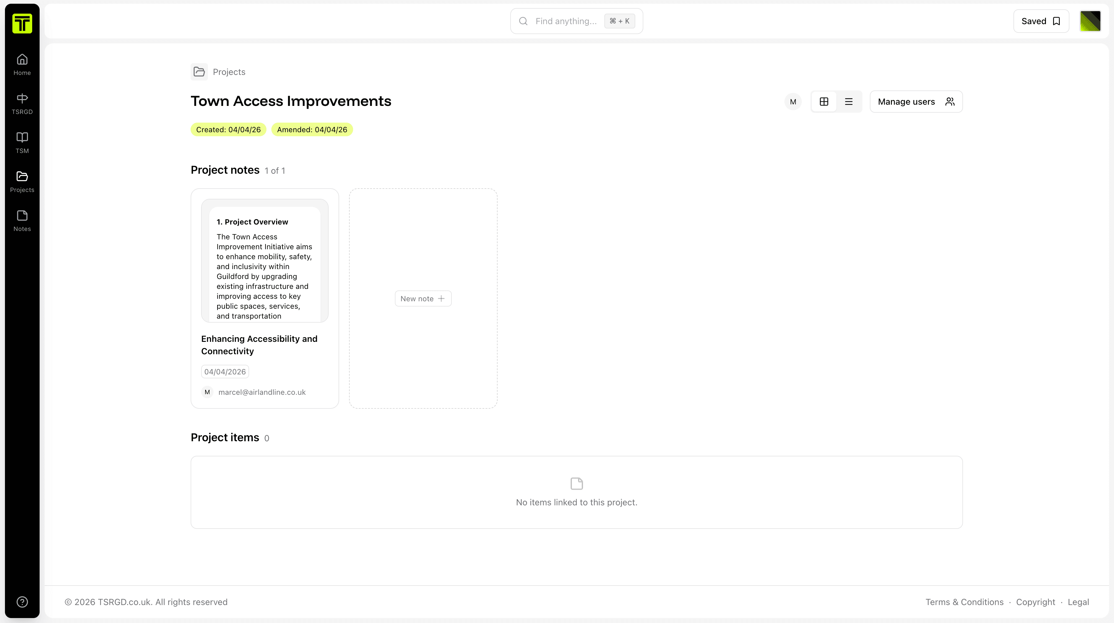 Project page with notes, metadata, and project items in TSRGD.