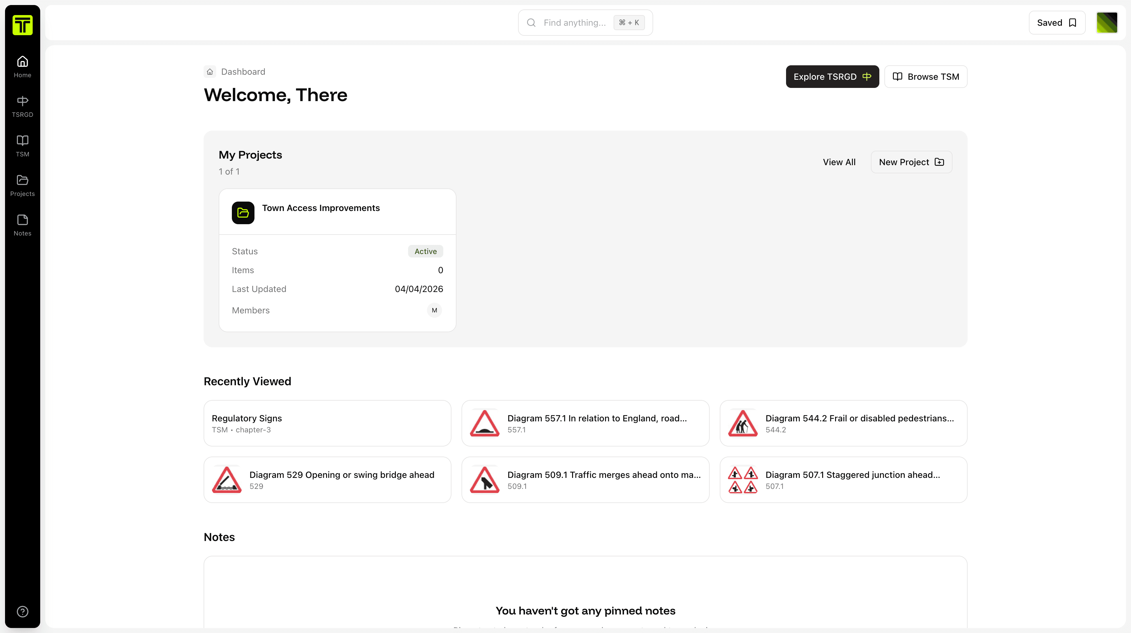 TSRGD home dashboard with projects, recently viewed diagrams, and welcome actions.